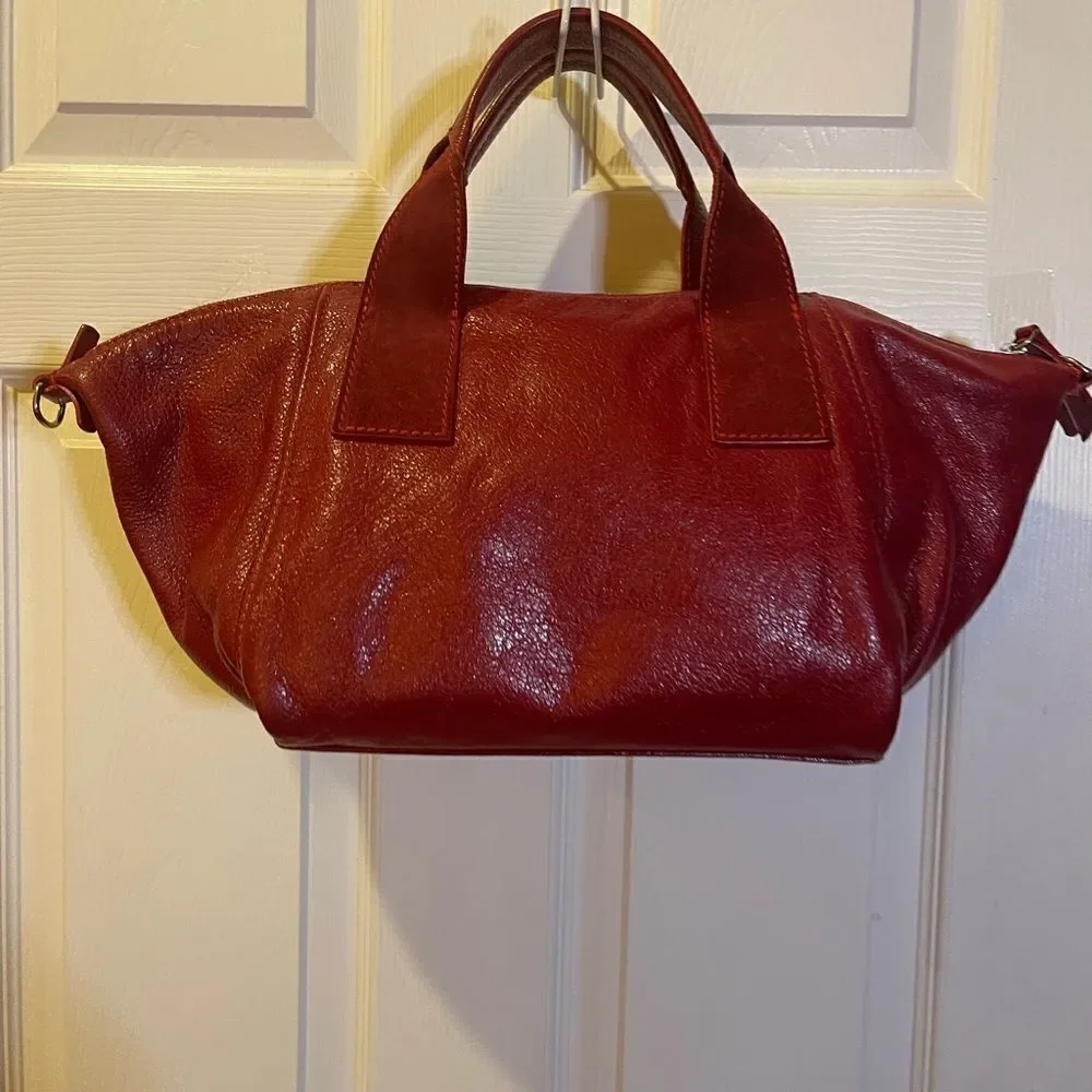 Francesco Biasia leather & suede deep Red medium Satchel gold studs accents.
